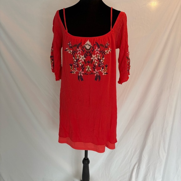 Rebellion Dresses & Skirts - Rebellion Red Embroidered Floral Off the Shoulder Tunic Top or Mini dress Sz XL